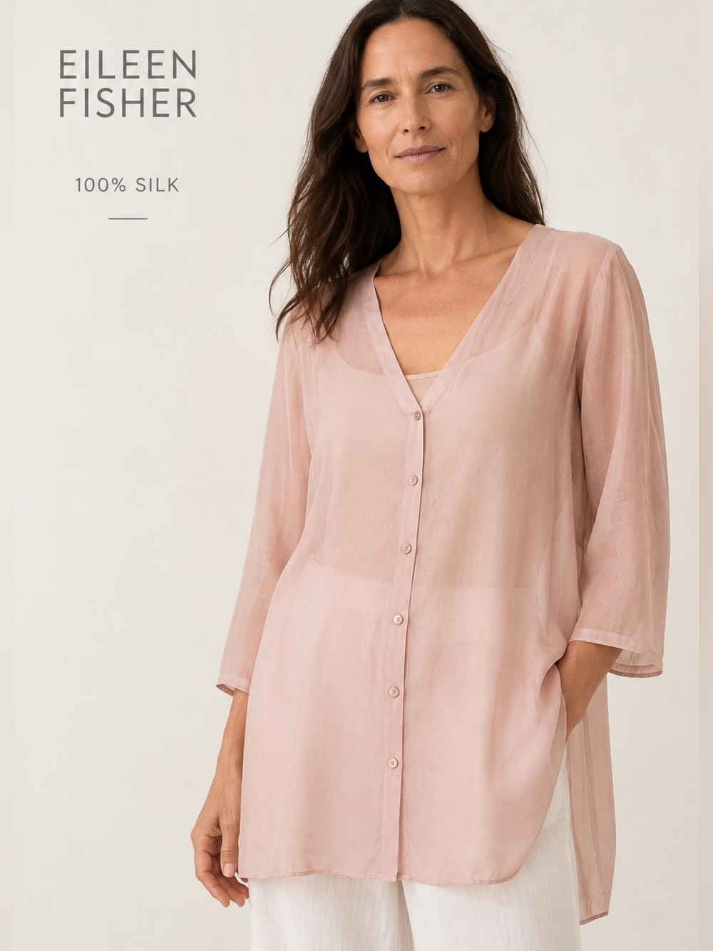 Eileen Fisher 100% Silk Sheer Blush Pink Tunic Blouse Button Front 3/4 Sleeve